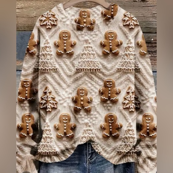 kristine’s closet Tops - Pullover Top Soft Knit Long Sleeve with Adorable Gingerbread Man w/ Earrings